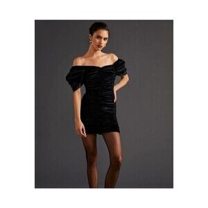 Anthropologie Black Off-Shoulder Ruched Mini Dress